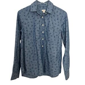 J. Crew Navy Nautical Anchor Print 1/2 Button Down Shirt Size Small